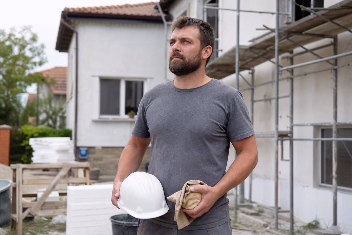 Majstor drži papirnatu ponudu i račun dok stoji u renoviranoj sobi — detalj izvedbe
