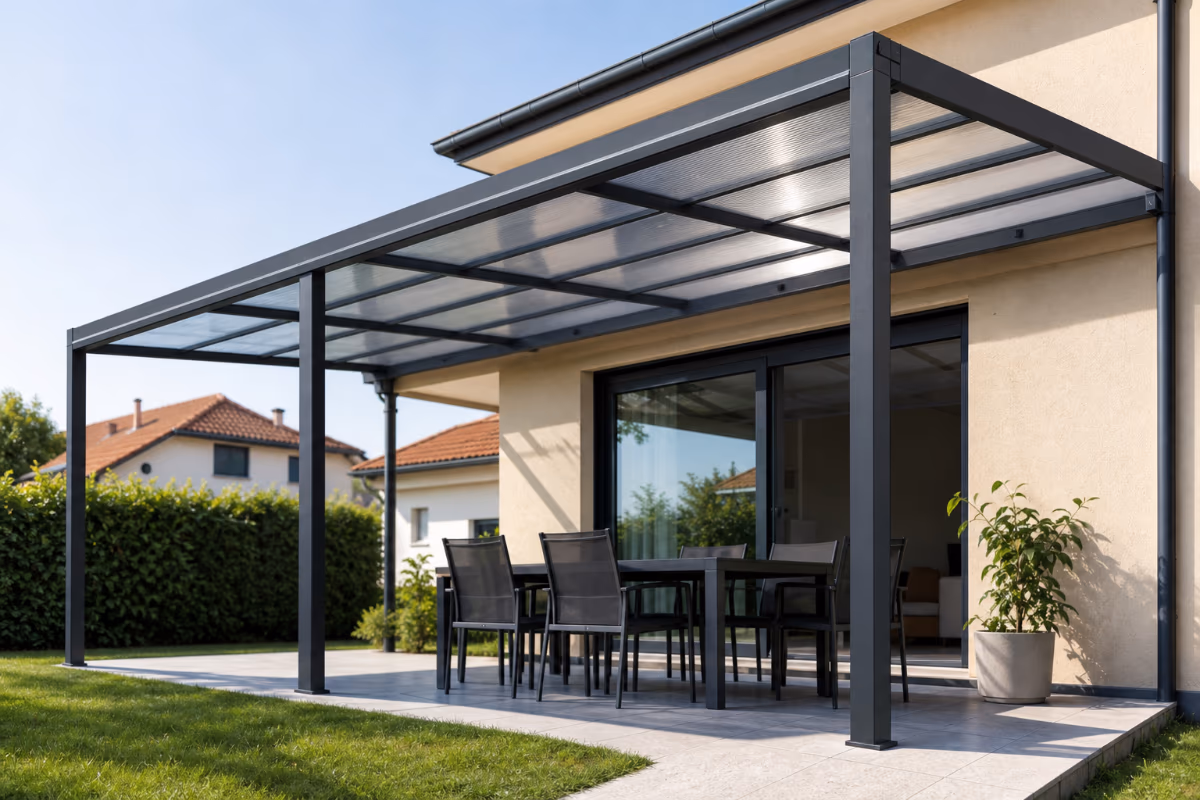 Crna metalna pergola s providnim krovom nad terasom s stolom i stolicama uz kuću s velikim staklenim vratima i zelenim t