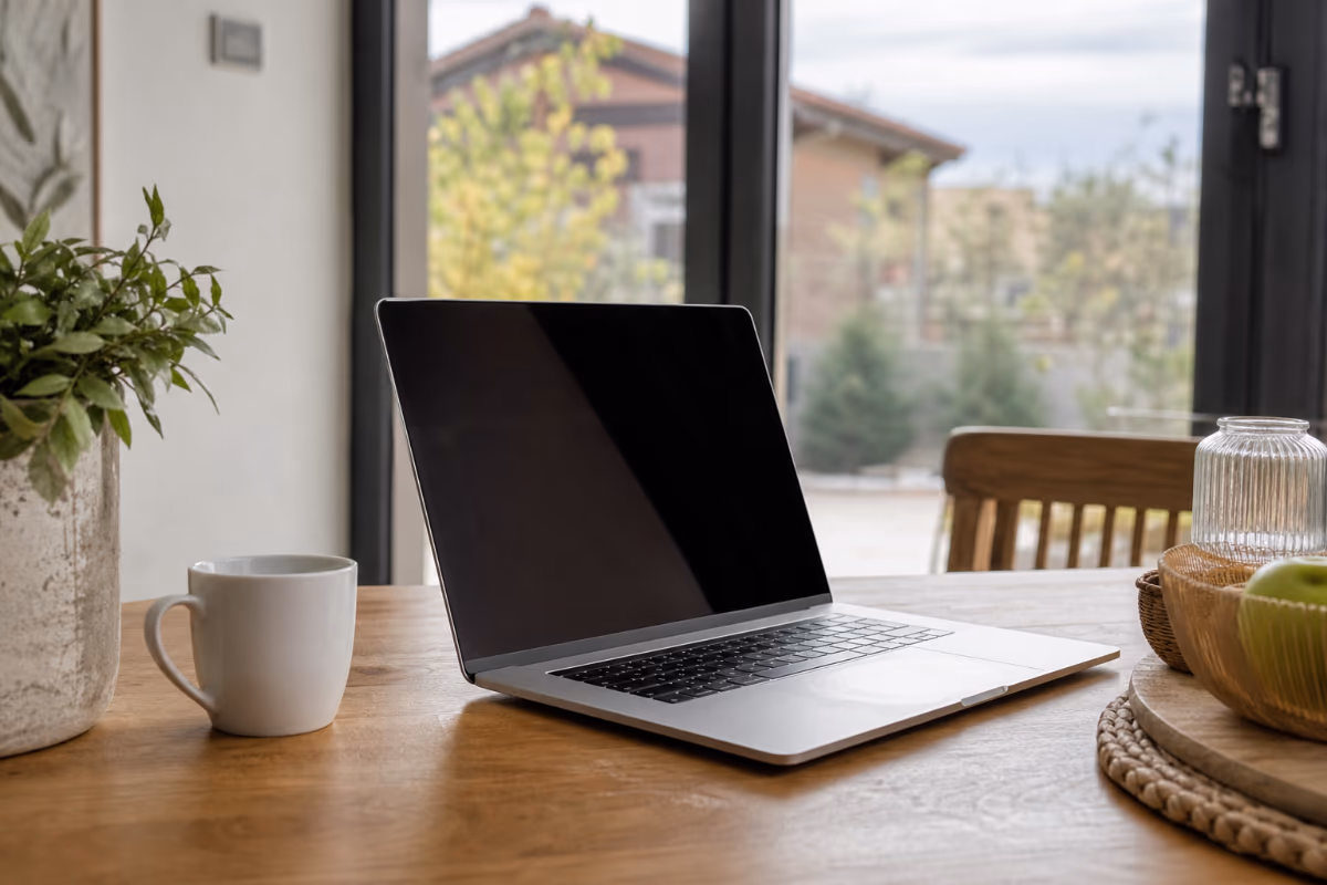 Srebrni laptop s crnim ekranom stoji na drvenom stolu uz bijelu šalicu, vazu s biljkom i zdjelu s jabukom, uz pogled kroz prozor na zelenilo.