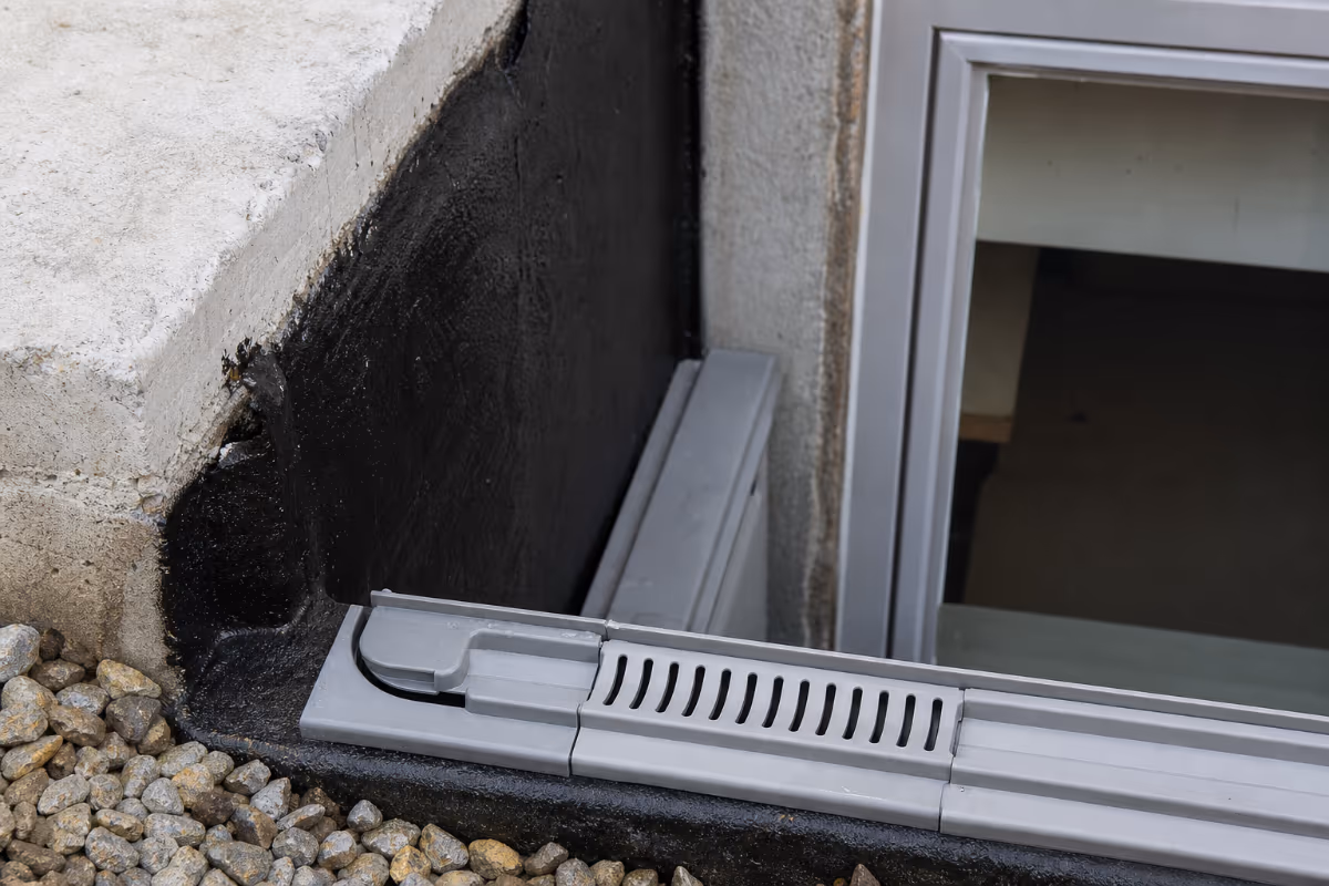 Detalj ugradnje podrumskog prozora sa crnom hidroizolacijom i sivim odvodnim žlijebom koji sprječava prodor vode