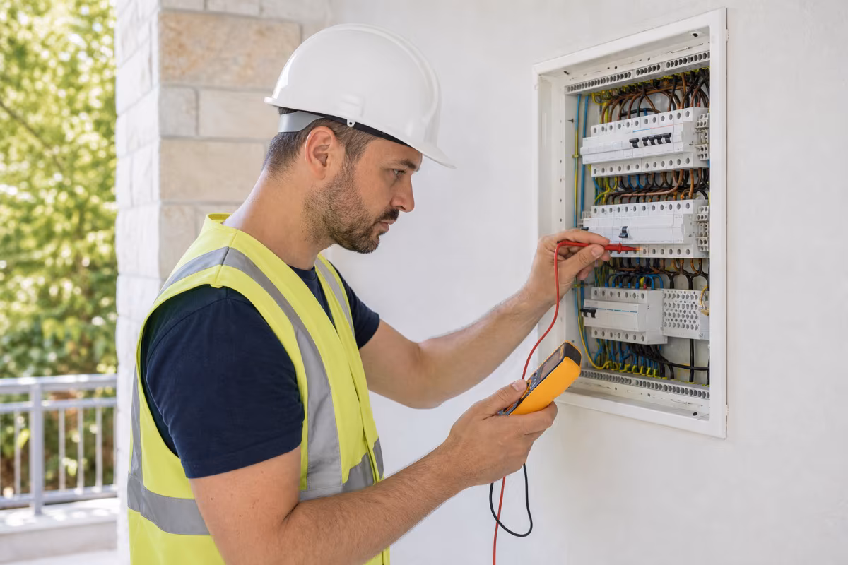 Električar u zaštitnoj opremi provjerava instalacije multimetrom, što ilustrira važnost stručnosti i provjere licence pr