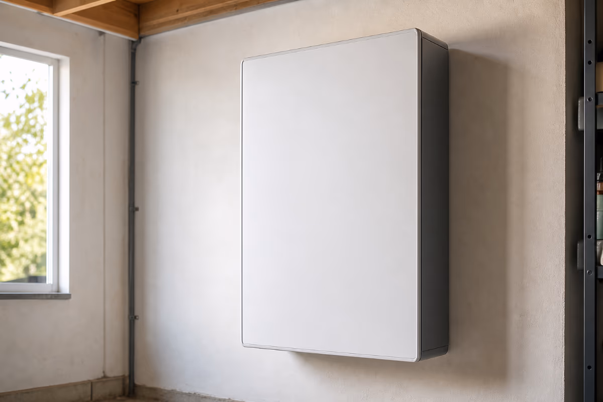 Bijeli uređaj za pohranu energije montiran na zid u prostoriji s prozorom i otkrivenim konstrukcijskim elementima.