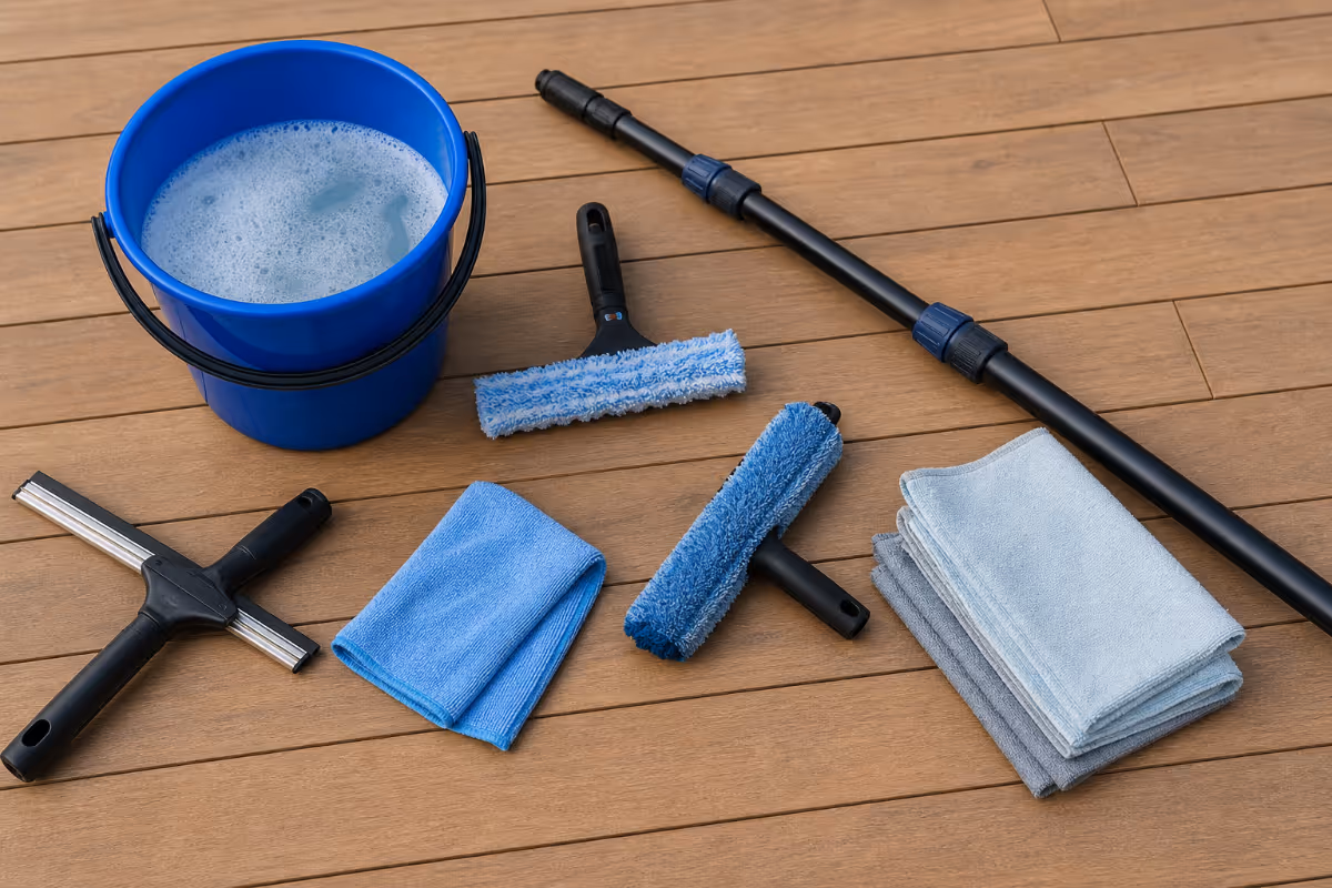 Plava kanta s pjenušavom vodom, četke za pranje prozora, mikrofiber krpe i produžni štap na drvenoj podlozi