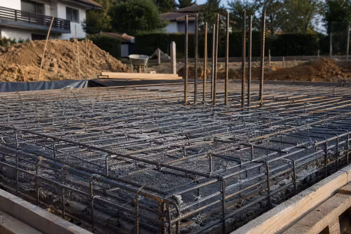 Radnici na gradilištu pripremaju armaturu za lijevanje betonskih temelja kuće
