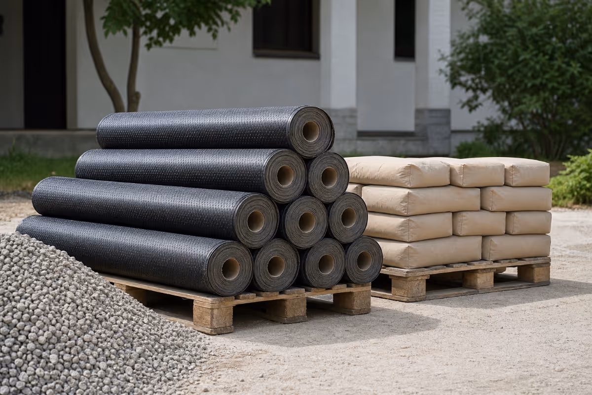 Role crne membrane i vreće materijala na paletama uz hrpu šljunka na gradilištu.