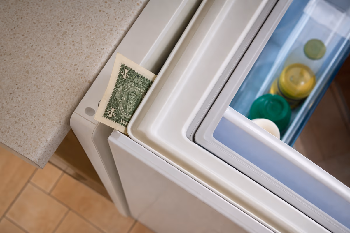 Test zaptivke hladnjaka novčanikom proverava curenje hladnog vazduha kroz neispravnu gumenu zaptivku vrata.