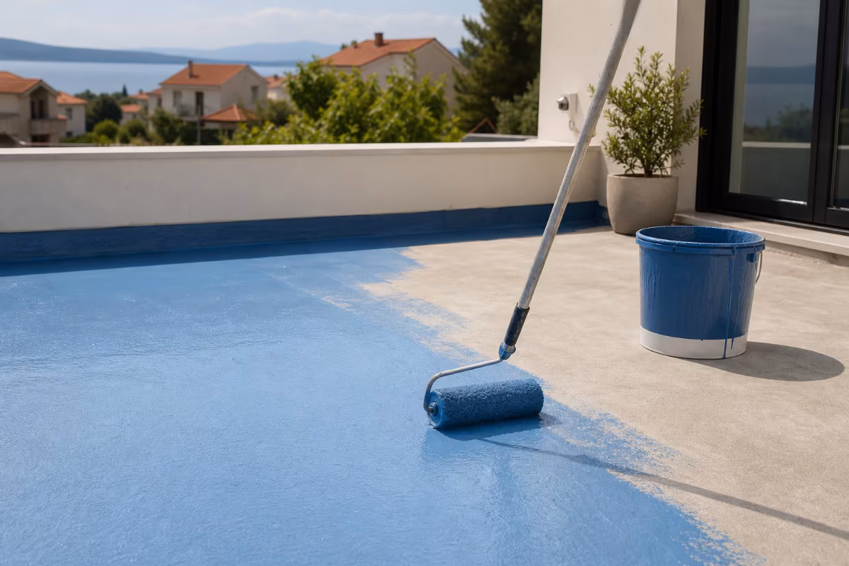 Radnik nanosi tekuću hidroizolacijsku membranu valjkom na betonsku podlogu terase.