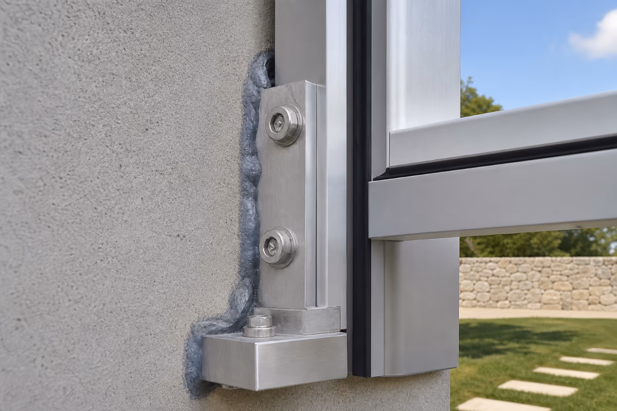 Podrobnost spoja aluminijaste konstrukcije na steno z hidroizolacijo