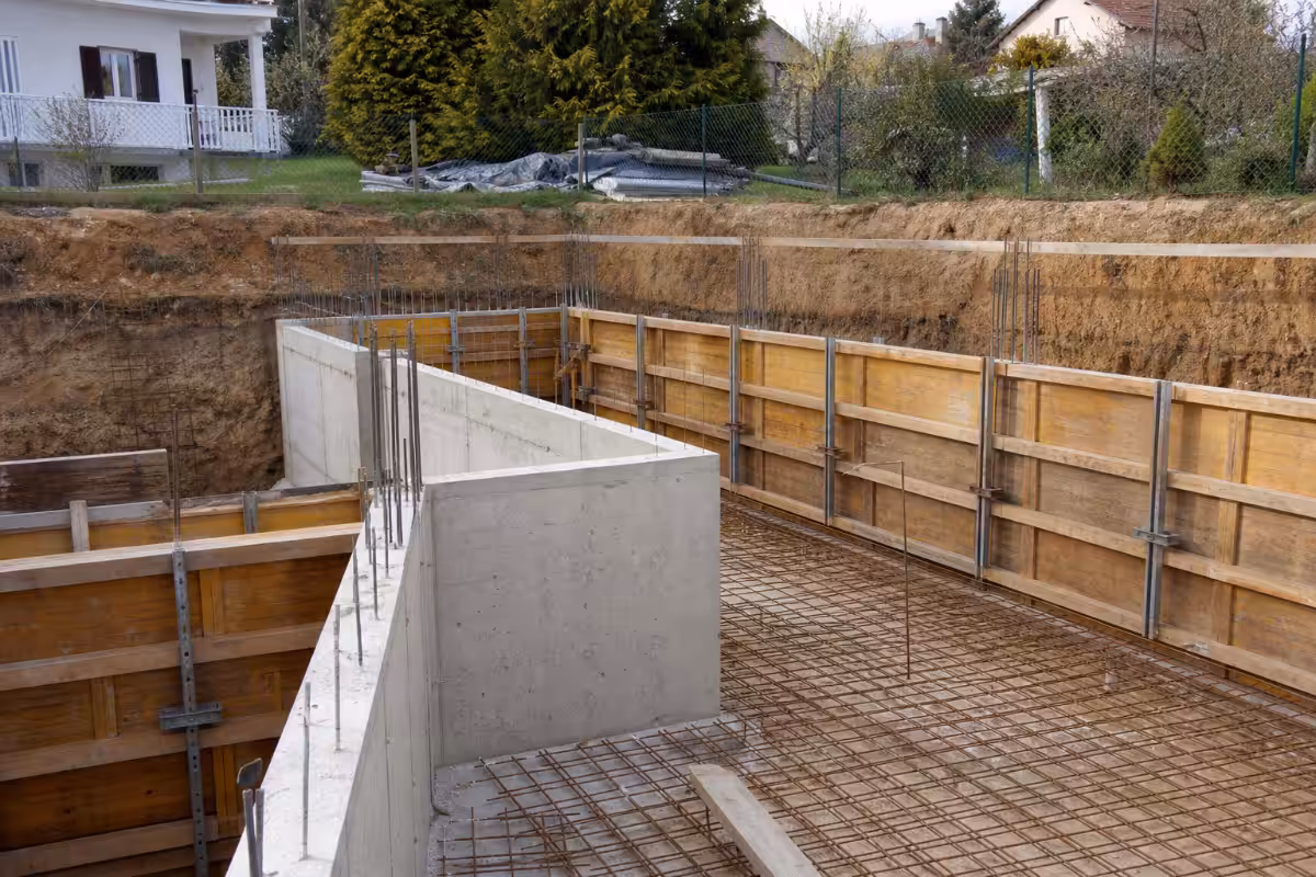 Gradbišče kleti z vidljivo oblogo, armaturo in svežim betonom