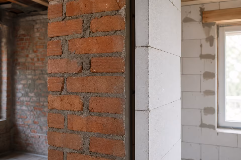 Usporedba debljine debelog opečnog nosivog zida i tanjeg pregradnog zida od porobetona.