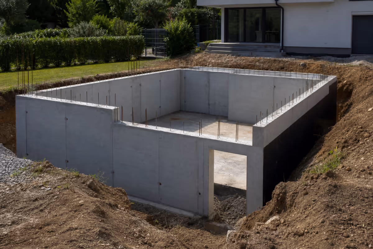 Gradbišče kleti z vidljivo oblogo, armaturo in svežim betonom – podrobnost izvedbe