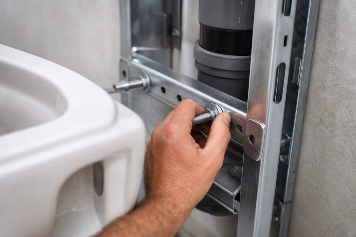 Detalj ugradnje: ruke vodoinstalatera zatežu vijake za pričvršćivanje WC školjke na nosivi okvir.