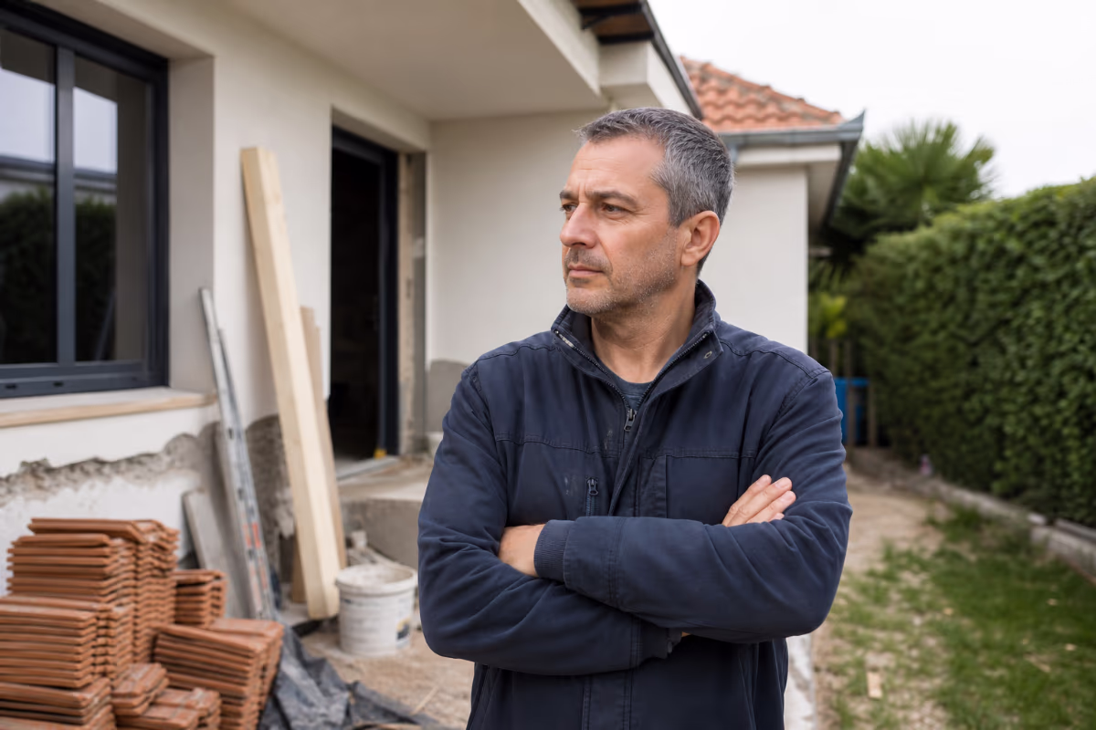 Majstor radi na zidu u stanu dok vlasnik posmatra, što simbolizuje nadzor i odgovornost tokom radova. — materijali i alat