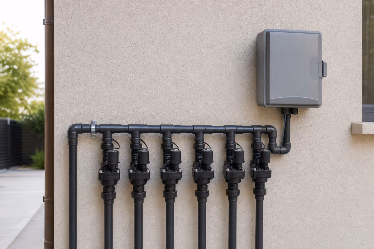 Zatvorena upravljačka jedinica sustava navodnjavanja montirana na zid iznad razdjelnika s elektromagnetskim ventilima.