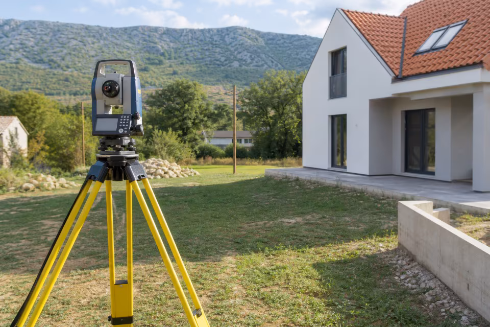 Žuti stativ s geodetskim instrumentom postavljen je na travnjaku ispred moderne bijele kuće s crvenim krovom, uz planins