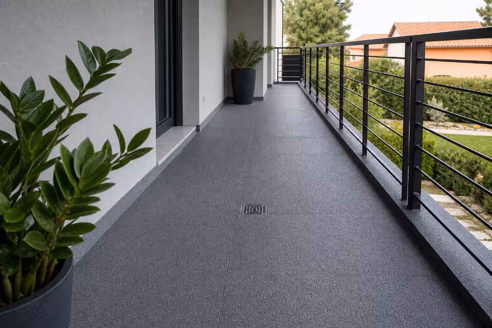 Savremeni balkon obložen sivim protivkliznim pločicama sa blagim padom prema odvodnom kanalu