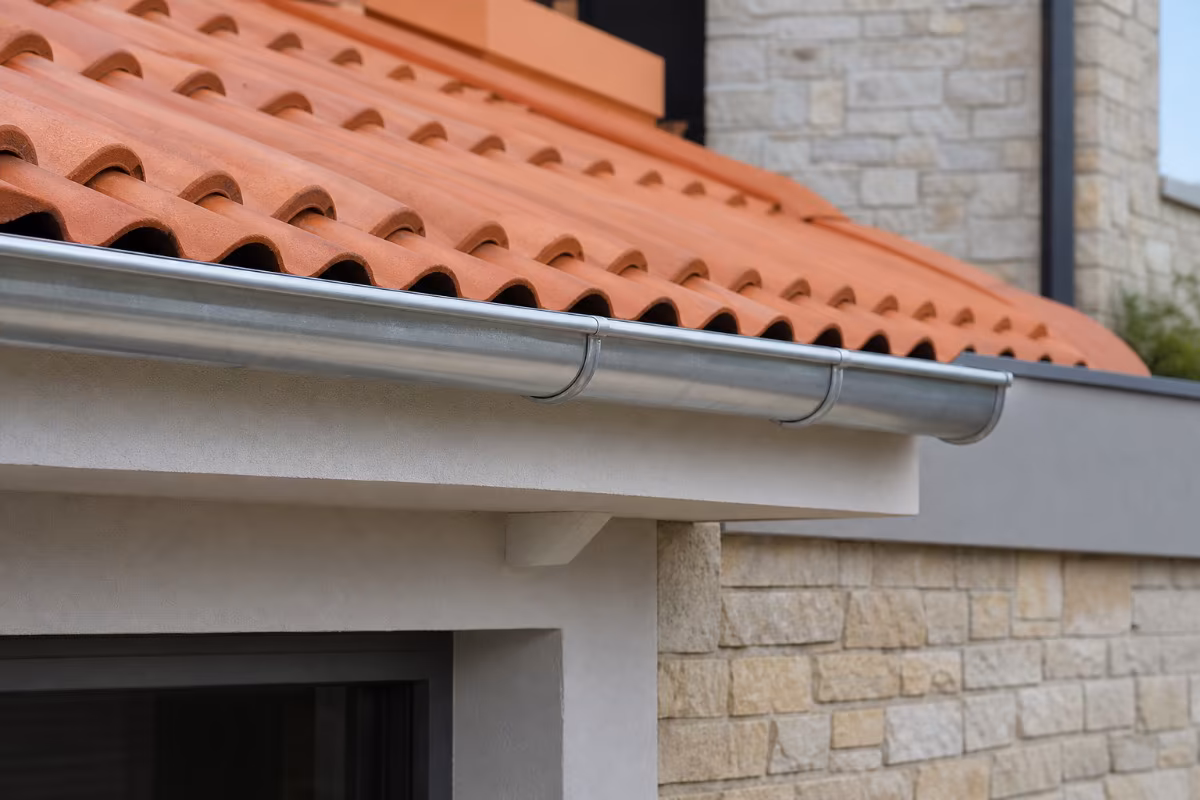 Detaljan prikaz ugradnje polukružnih aluminijskih oluka na krovu s crijepom, prirodno dnevno svjetlo