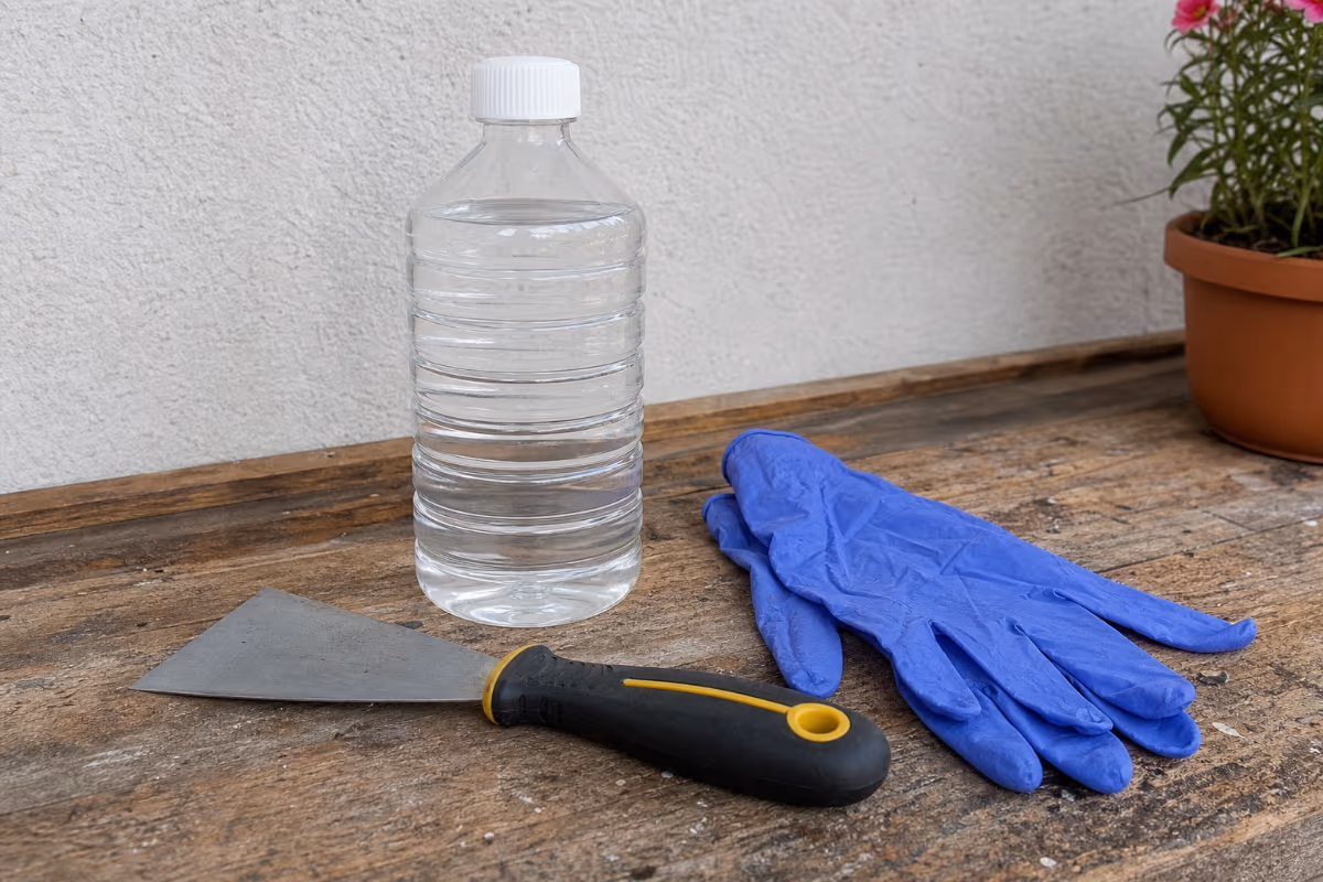 Plastična boca s tekućinom, metalna strugalica i plave zaštitne rukavice na drvenoj površini.