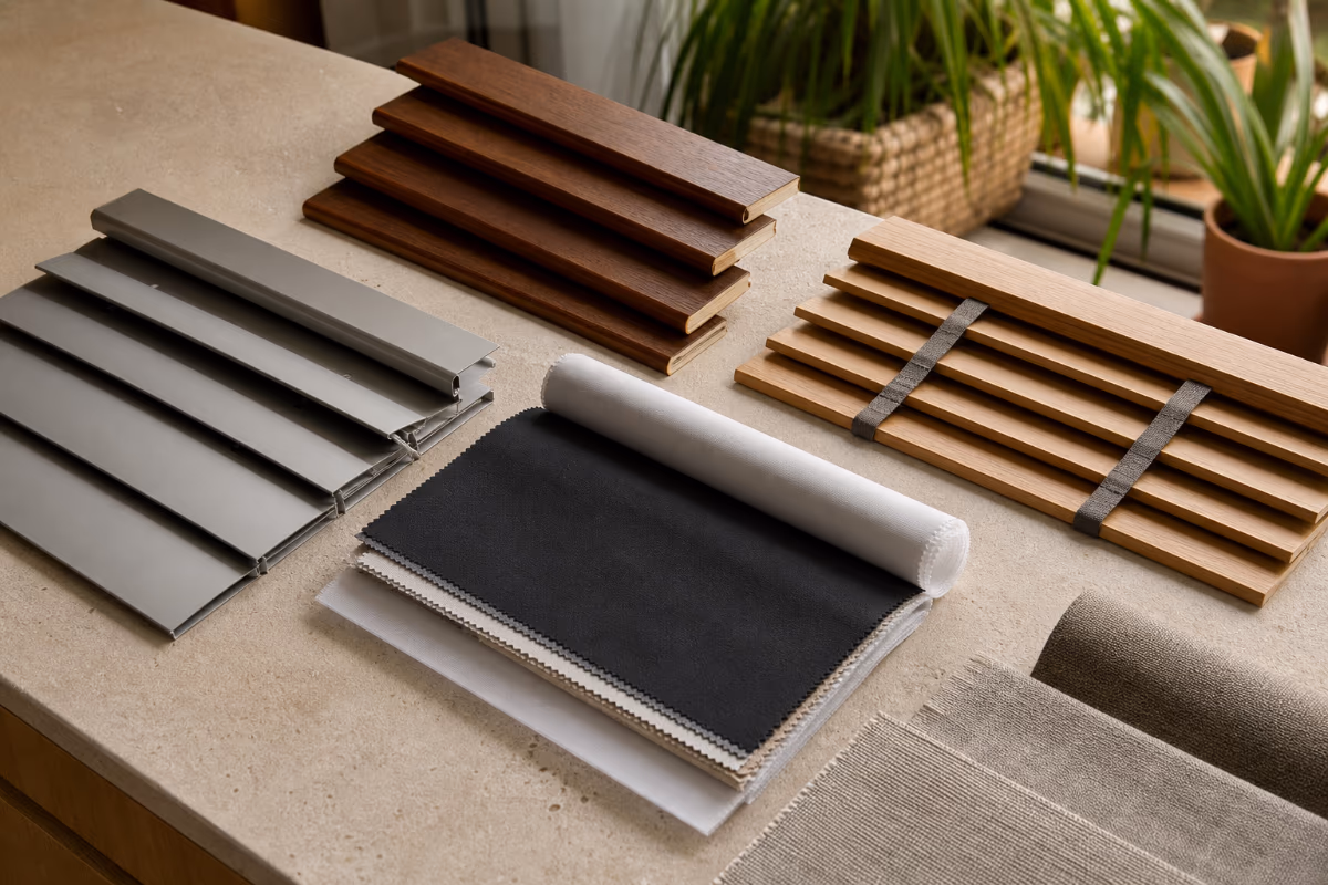 Uzorci materijala za interijer na stolu: aluminijske lamela, drvene letvice i uzorci tekstila.