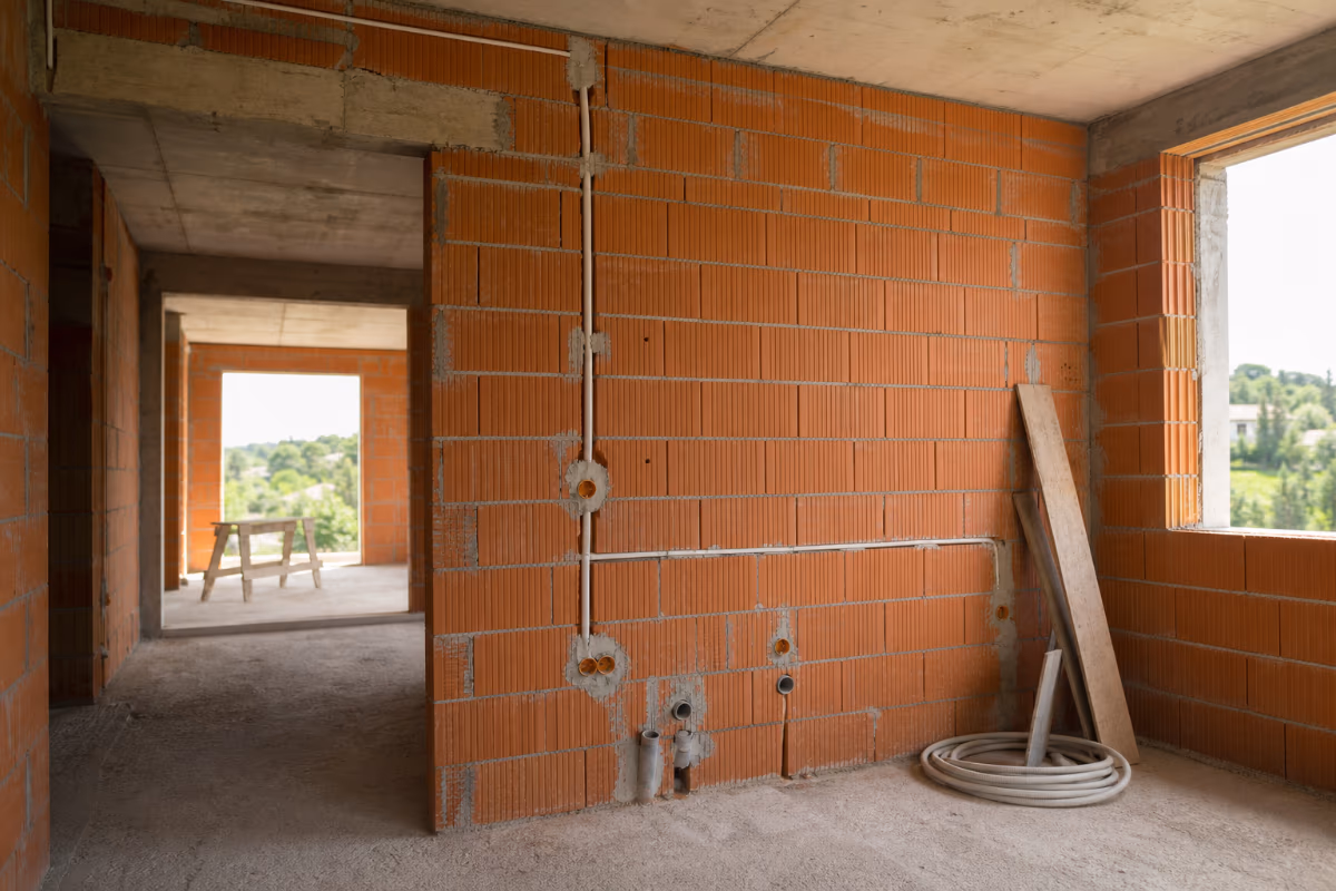 Unutrašnjost nedovršene kuće u roh-bau fazi: goli betonski plafon, neomalterisani zidovi od cigle i hrapav cementni pod sa pripremljenim instalacijama.