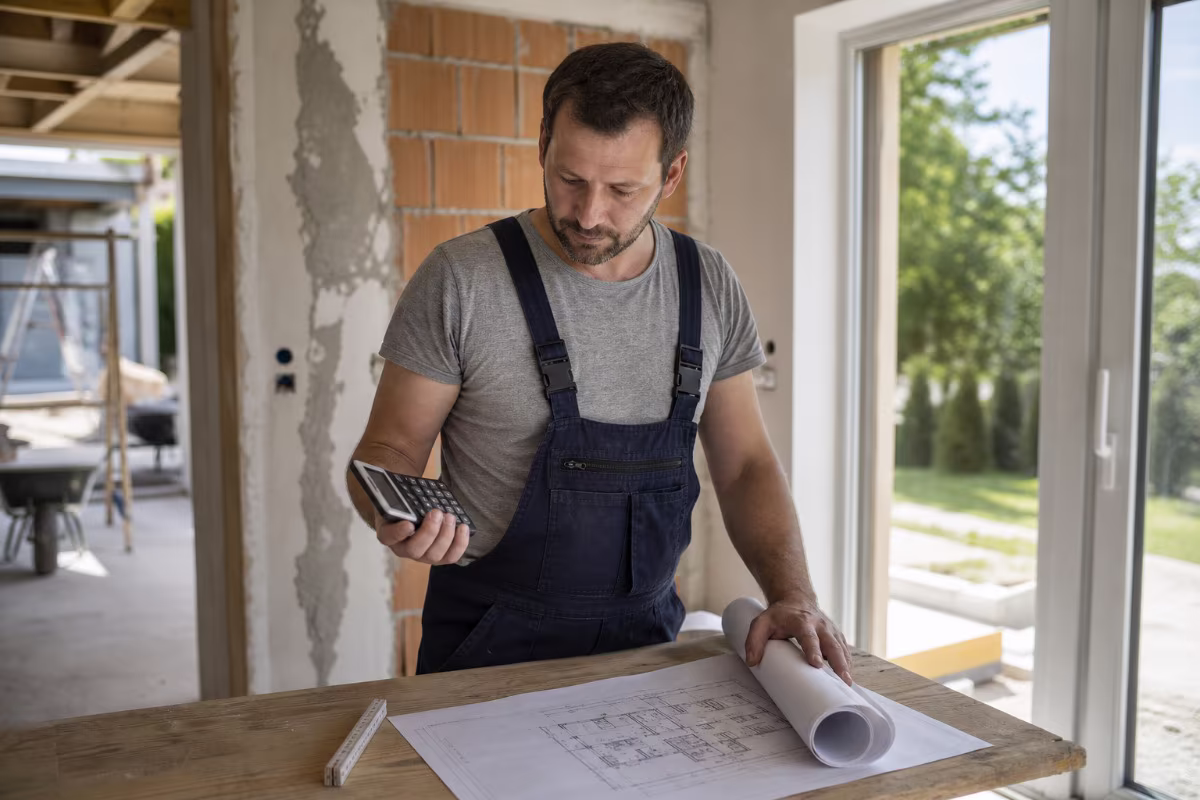 Majstor s kalkulatorom i planovima renovacije na radnom stolu