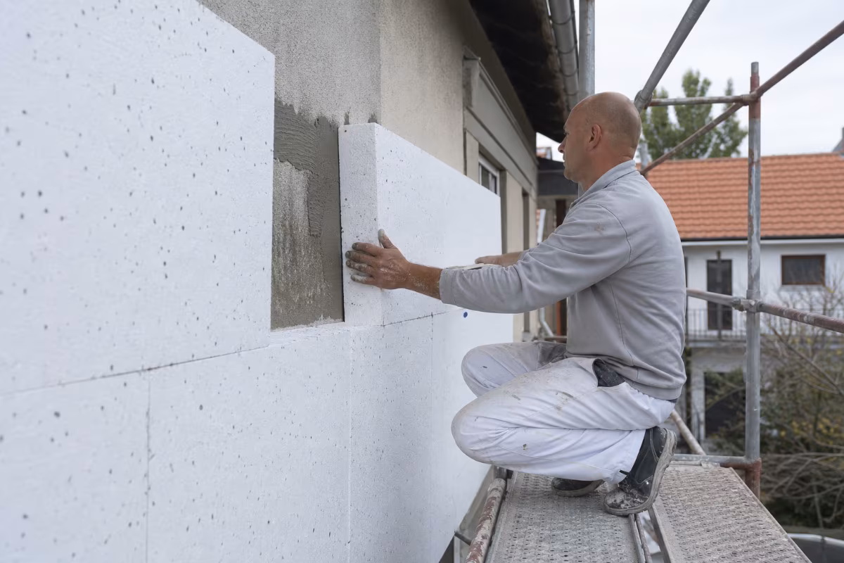 Delavci nameščajo ETICS fasado s belimi stiropor ploščami na večnadstropno stavbo