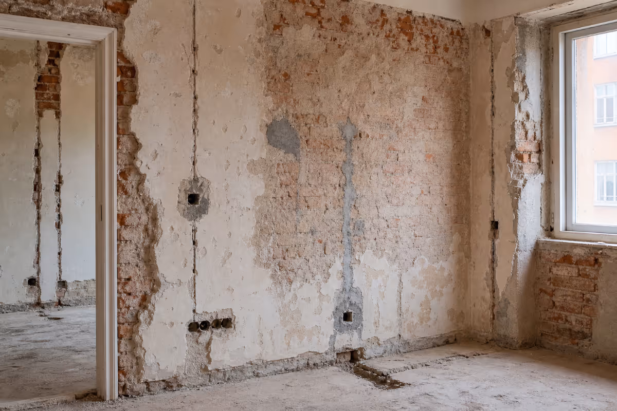 Unutrašnjost stana u renoviranju s otkrivenim ciglama, rušenim žbukom i golim podom.