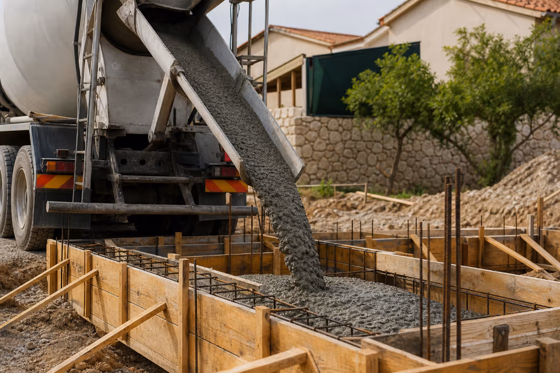 Cementni cisternski voz izliva svež beton v lesene kalupe temeljev na gradbišču.