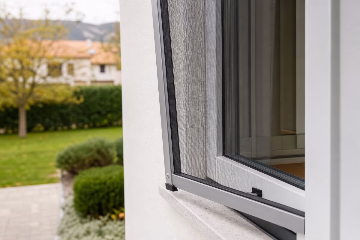 Detalj ugradnje aluminijskog komarnika na PVC prozor s prirodnim svjetlom