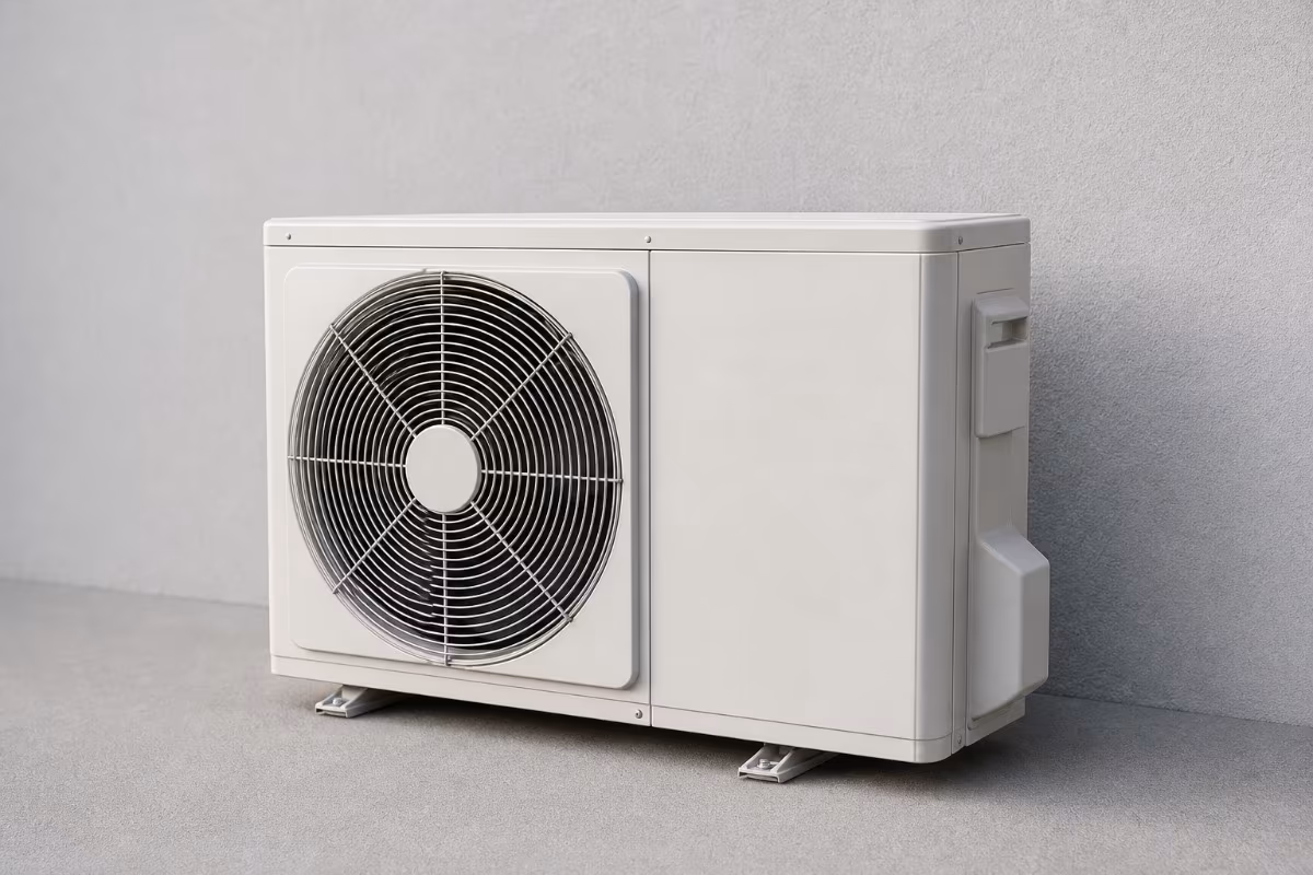 Bijela vanjska jedinica zračne toplotne pumpe s velikim kružnim ventilatorom uz vanjski zid kuće