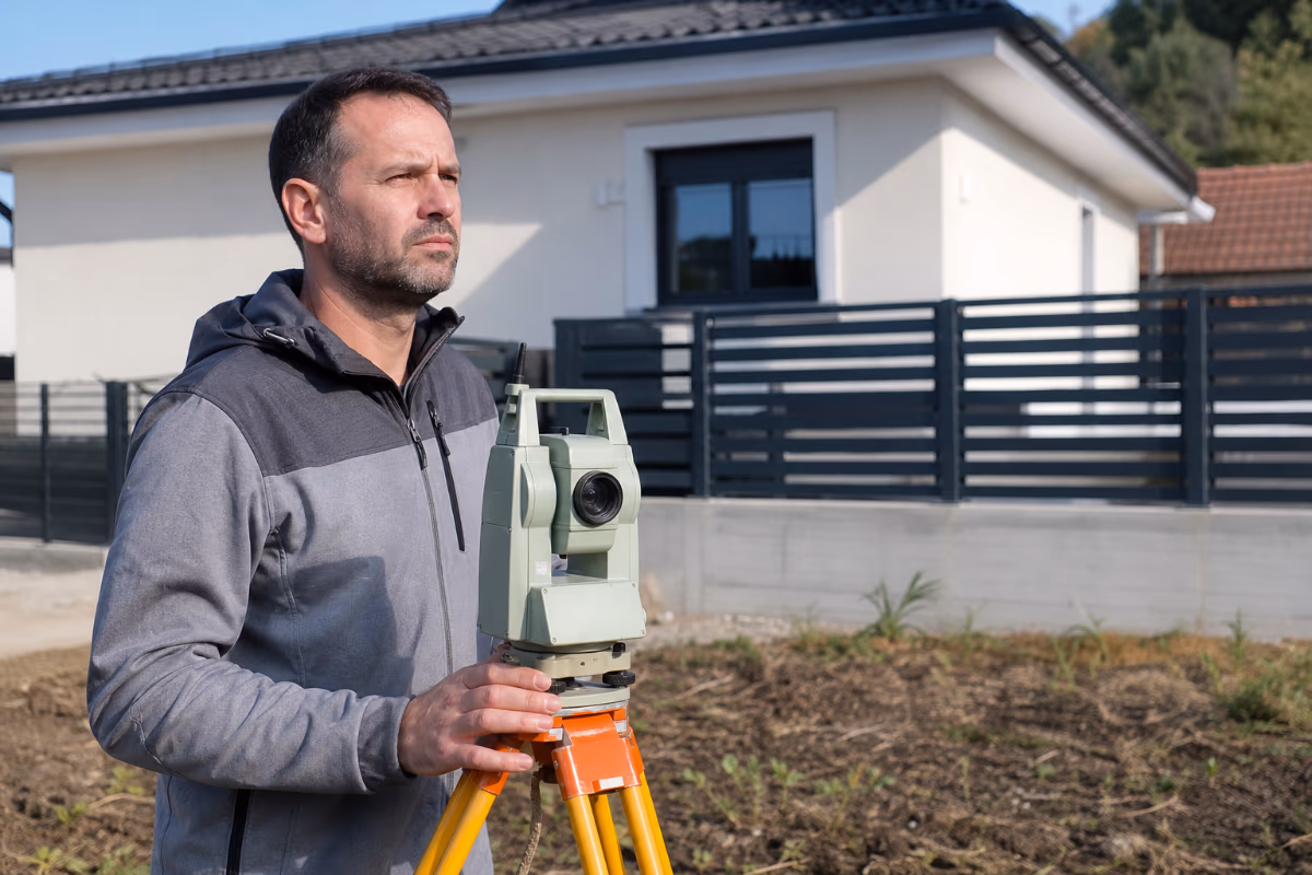 Geodeta sa totalnom stanicom na građevinskom lokalitetu — materijali i alat