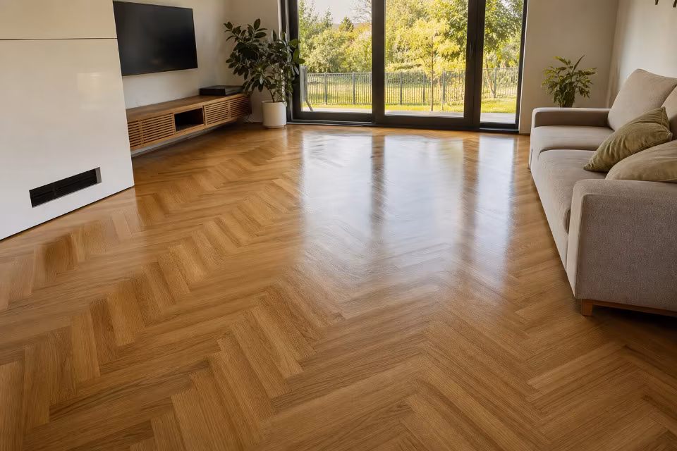 Savršeno poravnat parket u herringbone rasporedu sa glatkom površinom i preciznim spojevima, dokaz kvalitetnog završetka
