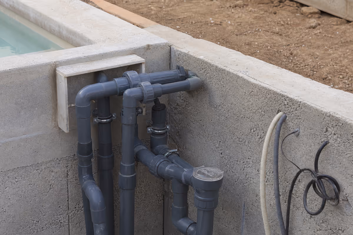 Detalj instalacije vodovoda i električnih priključaka tijekom izgradnje betonskog bazena