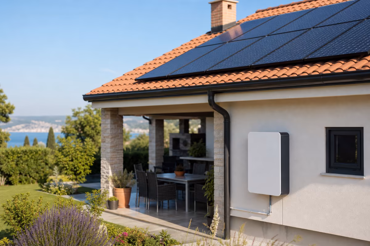 Solarni paneli na krovu kuće povezani s kućnom baterijom za pohranu energije i pretvaračem