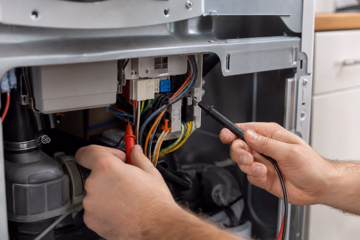 Tehnik izvaja diagnostiko pralnega stroja z merjenjem napetosti na električnih komponentah znotraj naprave.