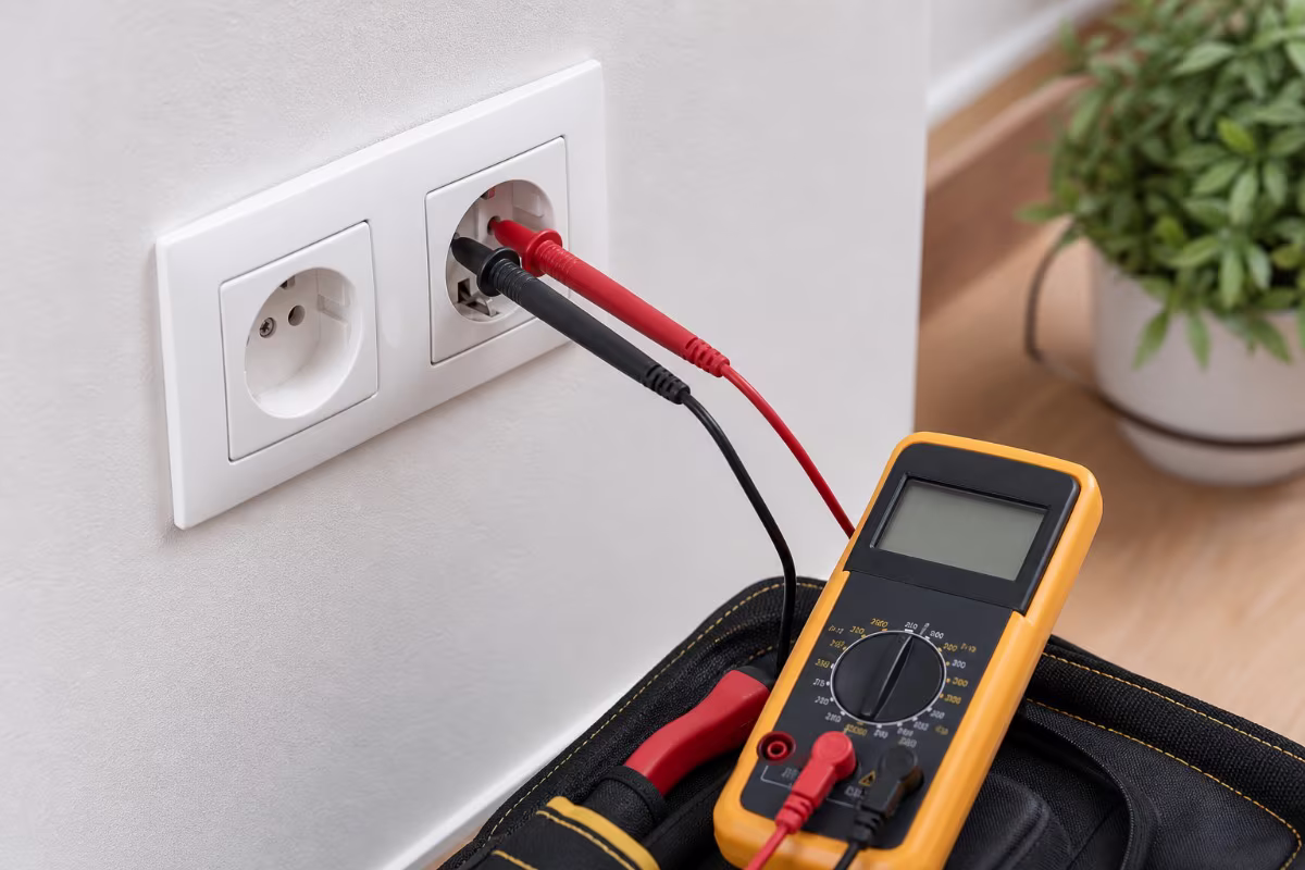 Profesionalne ruke električara pregledavaju zidnu utičnicu s multimetrom.