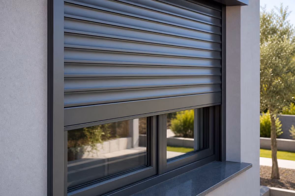 Detalj vanjske aluminijske rolete na prozoru u modernoj fasadi