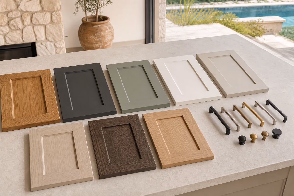Razni uzorci kuhinjskih fronta u drvenoj i mat teksturi uz metalne ručke na neutralnoj podlozi