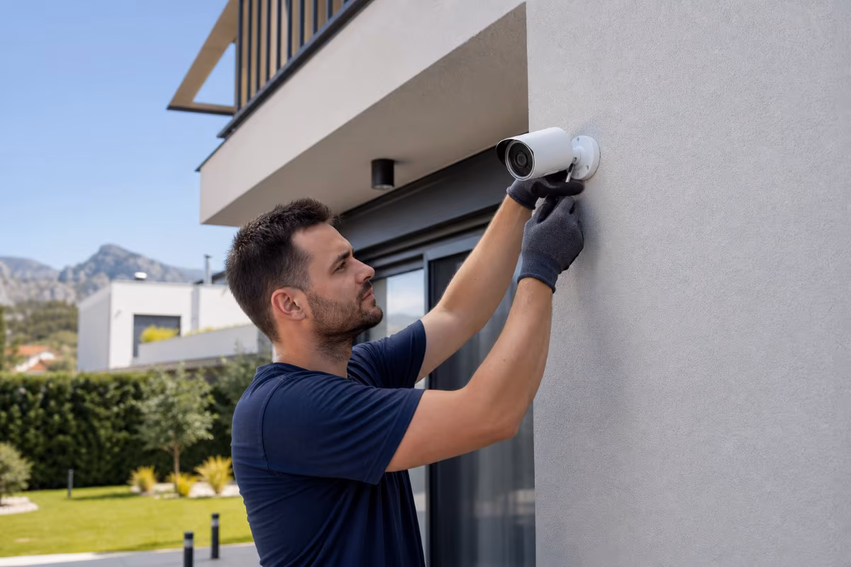 Instalater montira IP kameru za video-nadzor na fasadi kuće uz dnevno svjetlo