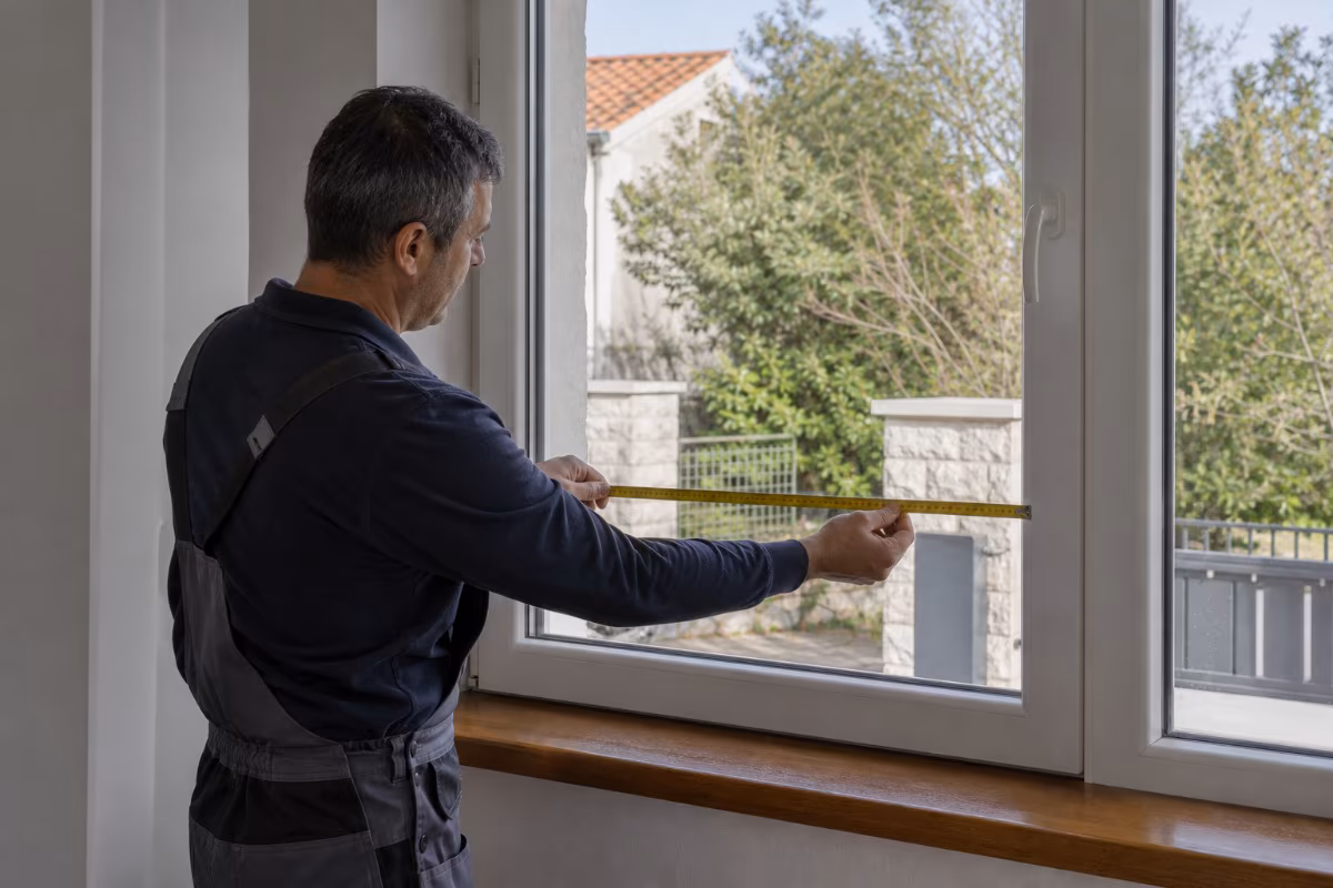 Staklar mjeri dimenzije prozora za ugradnju novog stakla, ključni korak pri odabiru pouzdanog obrtnika.