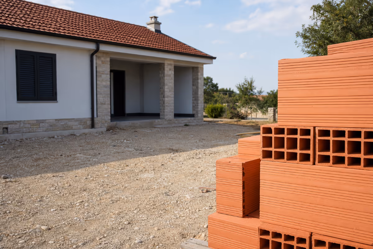 Oseba s kalkulatorjem in dokumenti na gradbišču pregleduje stroškovnik – podrobnost izvedbe