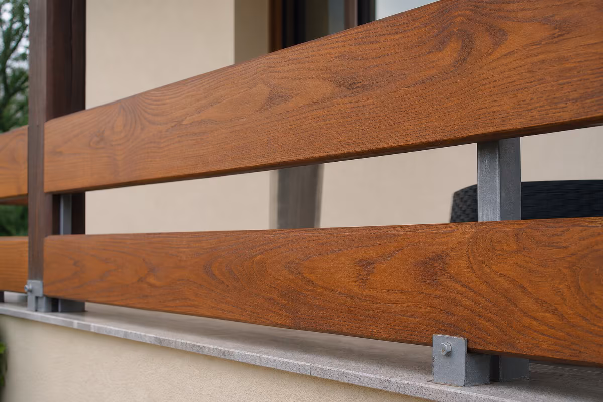 Detalj drvene ograde balkona s vidljivom teksturom drveta i modernim metalnim nosačima