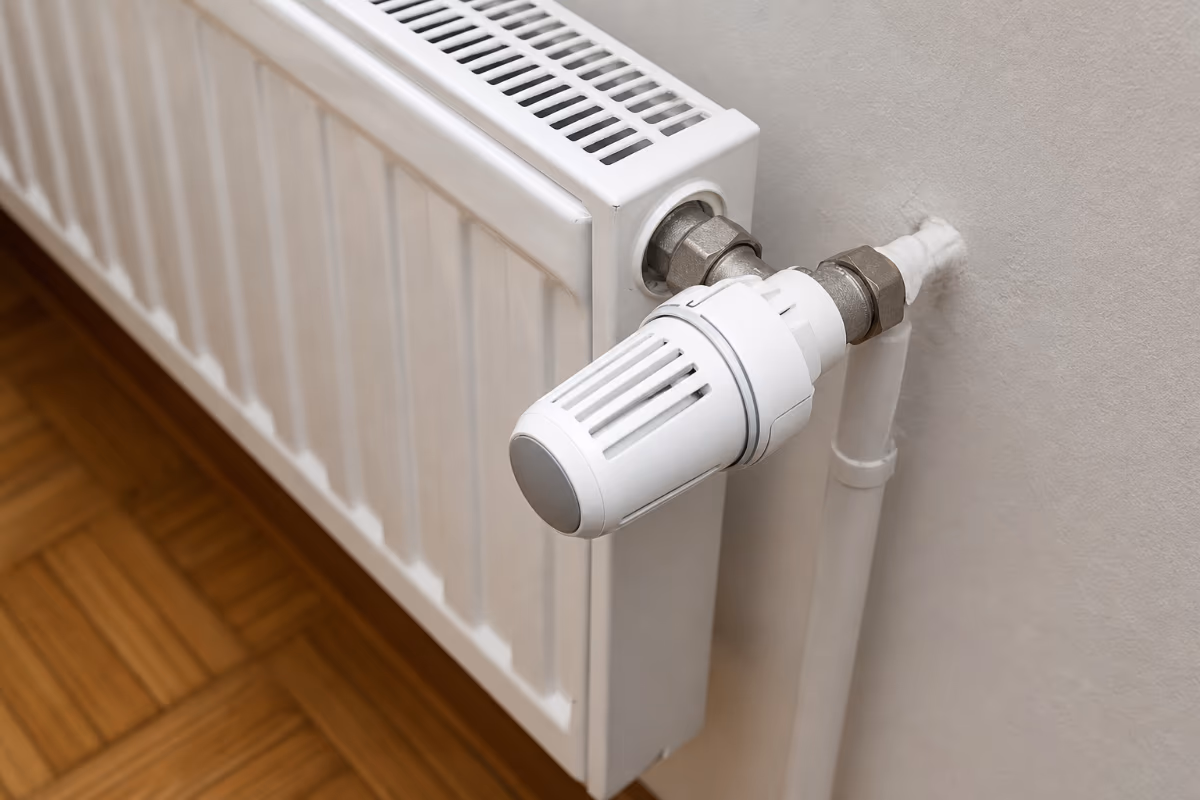 Bijeli radijator s termostatskim ventilom pričvršćen uz svijetlu zidnu površinu iznad drvenog parketa.