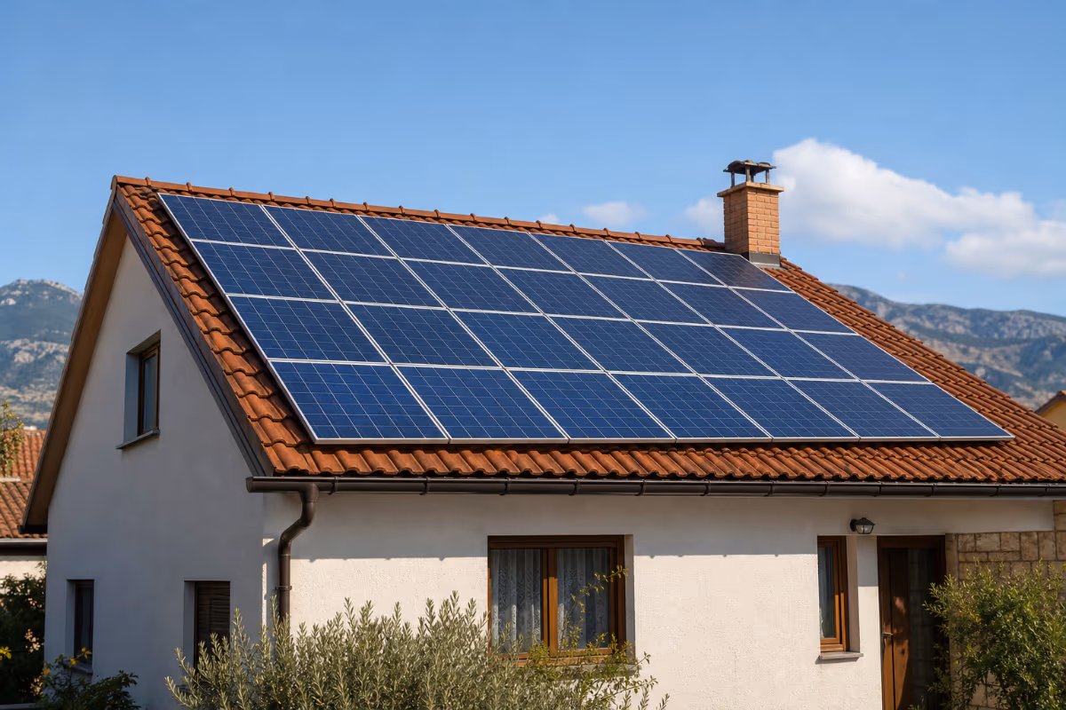 Solarni paneli montirani na krovu obiteljske kuće s crvenim crijepom, na pozadini planina i plavog neba.