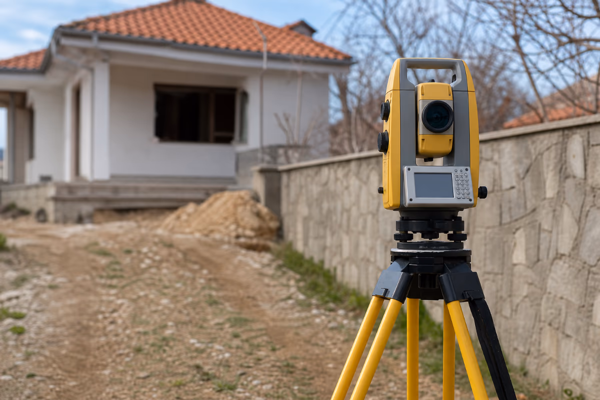 Geodeta sa modernom totalnom stanicom na gradilištu — materijali i alat