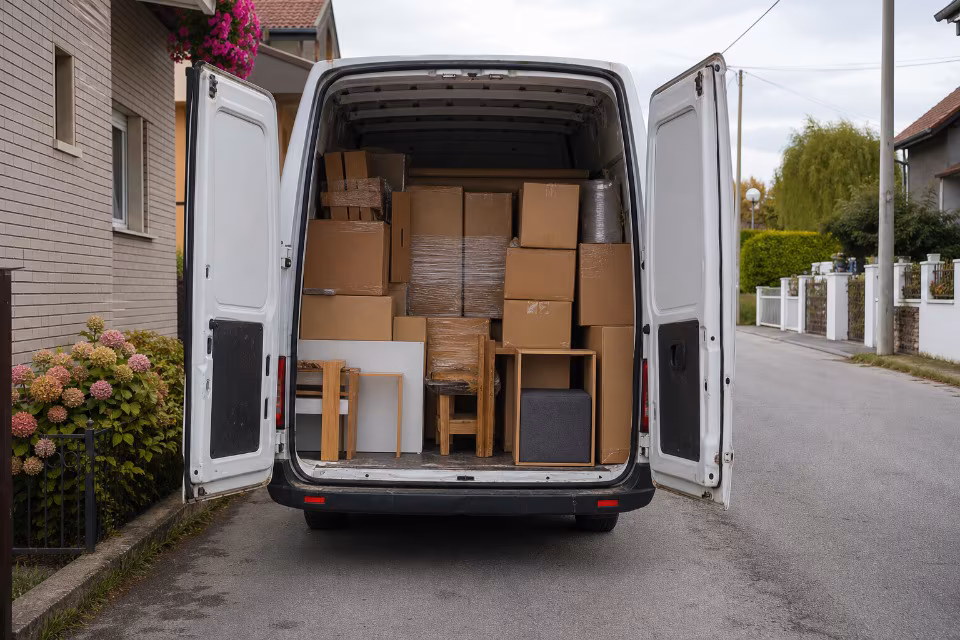 Bijeli kombi pun kutija i namještaja, spreman za prijevoz stvari, ilustrira faktor volumena koji utječe na cijenu usluge