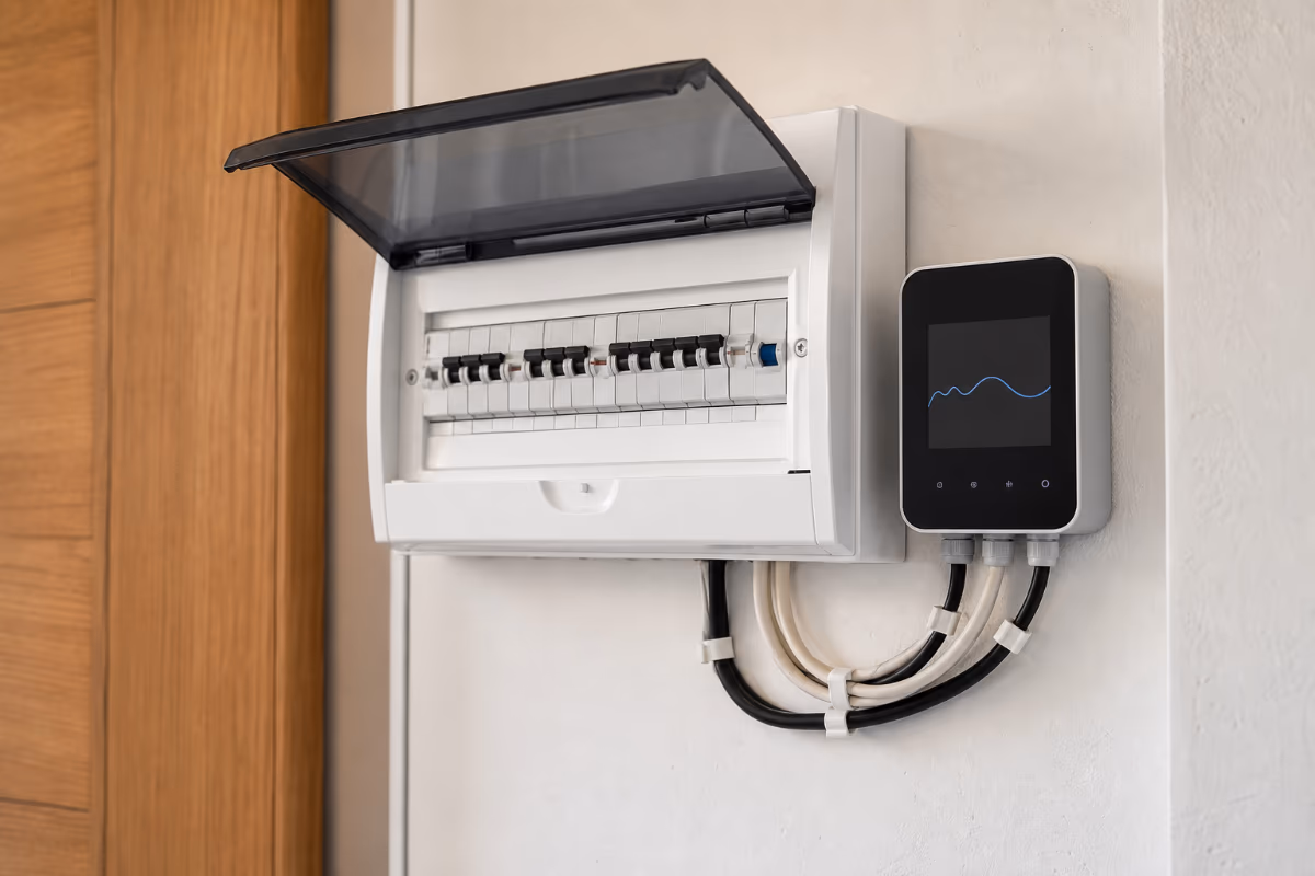 Pametni merilnik porabe električne energije, vgrajen ob hišni razdelilni omarici s prikazom porabe