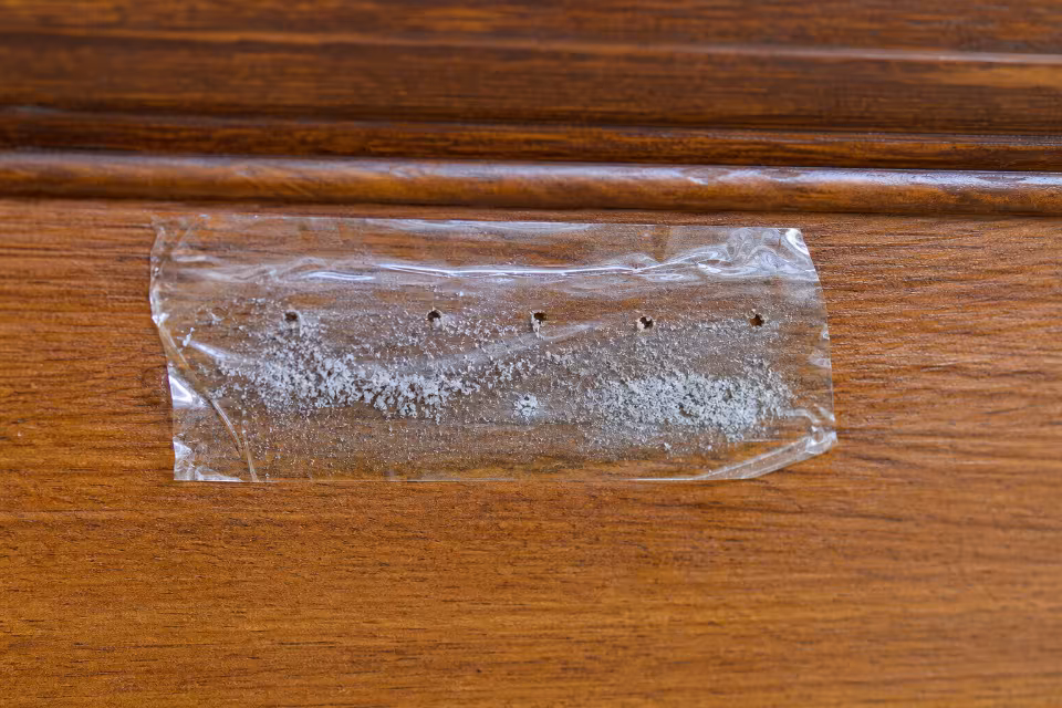 Mala providna plastična vrećica s belim prahom i rupicama stoji na drvenoj površini.