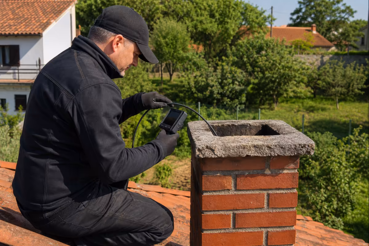 Stručnjak provjerava dimnjak prije ugradnje kamina na drva
