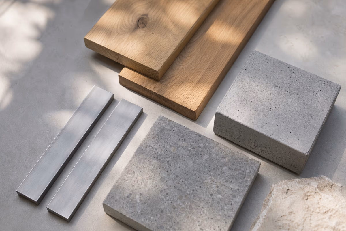 Uzorci materijala za stepenice: drvo, beton i metal na sivoj podlozi sa prirodnim svetlom.